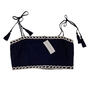 Christian Lacroix Linen Blue White Scallop Embroidered Smocked Crop Top - L NEW